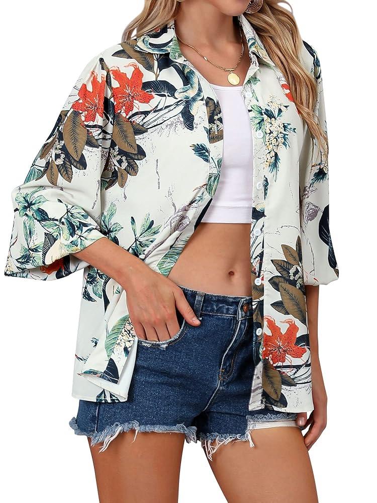 ZXZY Women's Hawaiian Shirts Long Sleeve Tropical Tops
